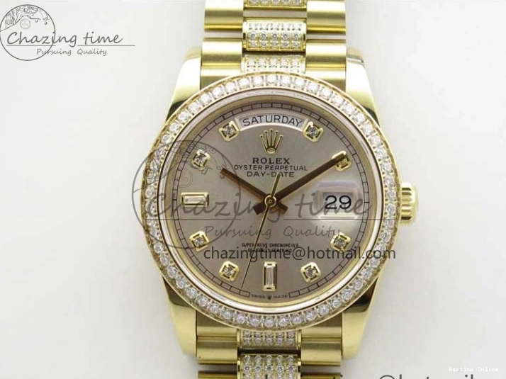 0212 DailyWear Day-Date 36mm 128235 YG Crystal BP Best Edition Silver Crystal Marker Dial on YG President Bracelet A 2676